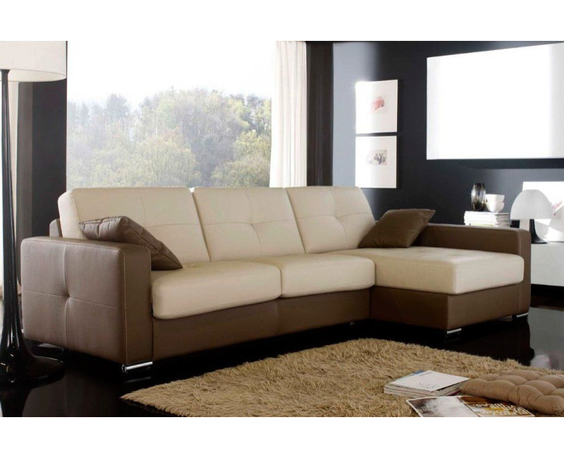 Sofá cama con chaise longue en piel natural Boston | Sofá cama de piel