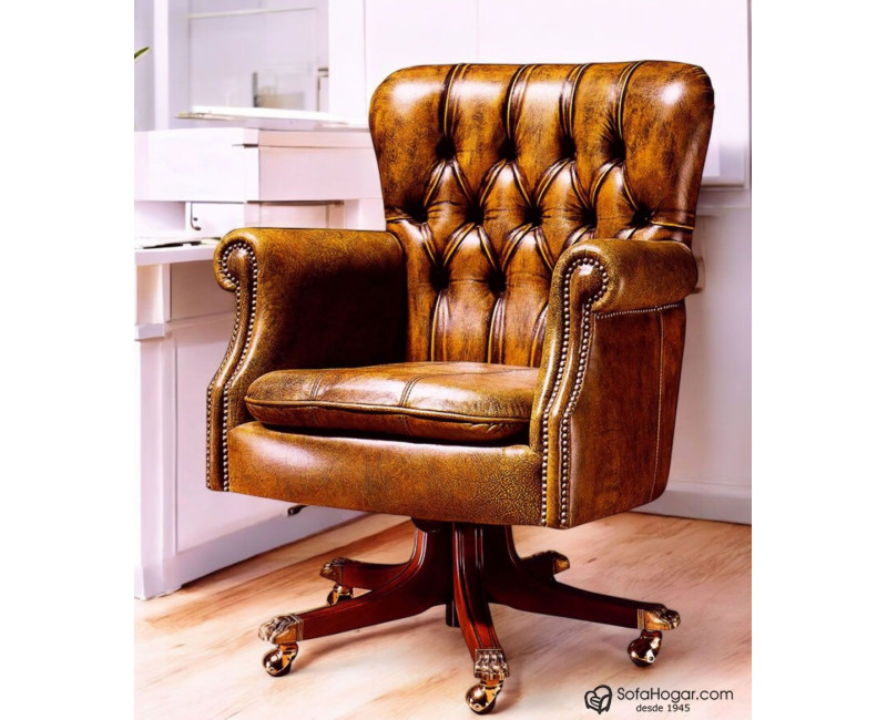 Sillón Despacho Inglés Piel Natural – Giratorio y con Ruedas