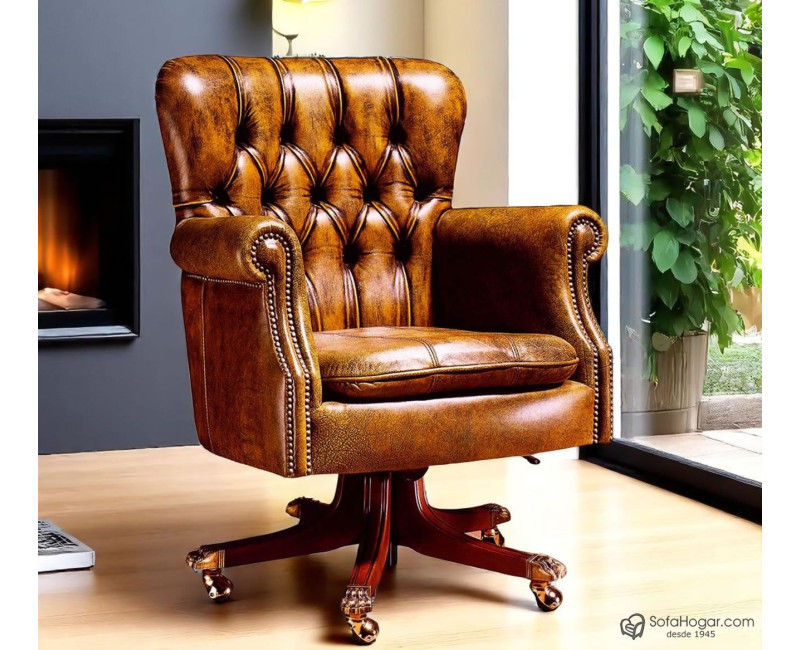 Sillón Despacho Inglés Piel Natural – Giratorio y con Ruedas