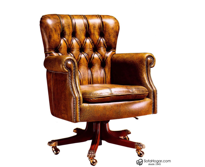 Sillón Despacho Inglés Piel Natural – Giratorio y con Ruedas