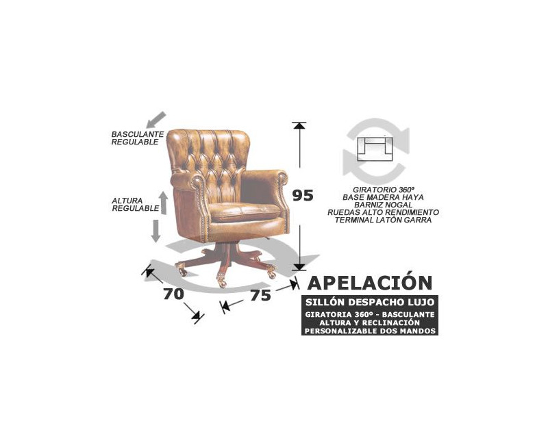 Sillón Despacho Inglés Piel Natural – Giratorio y con Ruedas