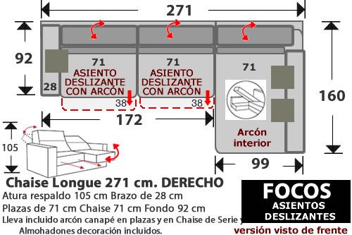 (272) ChaiseLongue 271cm. DCHO. 2 desliz.