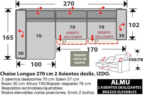 (281) ChaiseLongue 270cm. IZDO. 2 Deslizantes