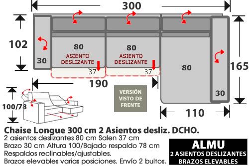 (281) ChaiseLongue 300cm. DCHO. 2 Deslizantes