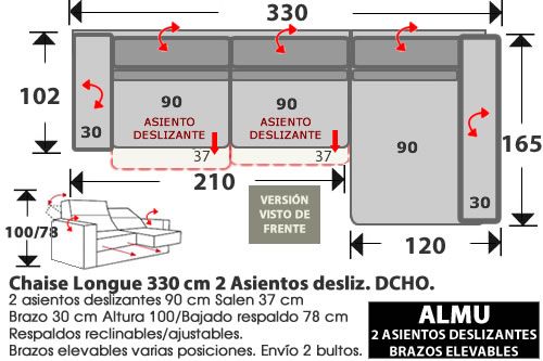 (281) ChaiseLongue 330cm. DCHO. 2 Deslizantes
