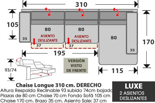(284) ChaiseLongue 310cm. DCHO 2 Deslizantes