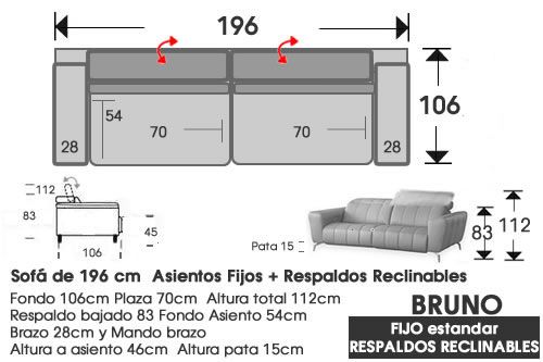 (314) Sofá 196cm. Fijo Resp. Abatibles