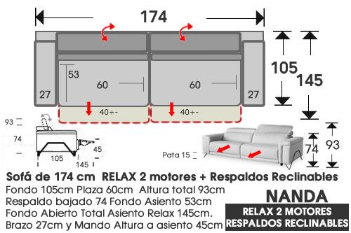 (316) Sofá 174cm. Relax 2 motor-Resp. Abatible.