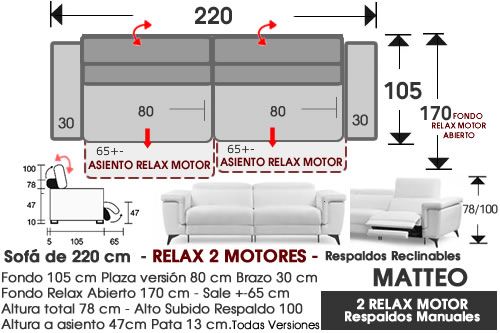 (354) Sofá 220cm. RELAX 2 Motores