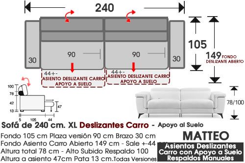 (354) Sofá 240cm. Deslizantes Carro