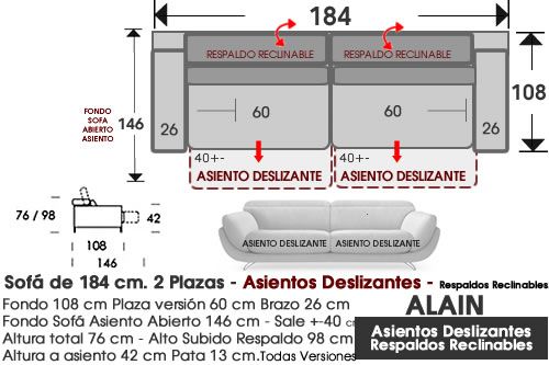 (362) Sofá 184cm. Desliz-Reclinables